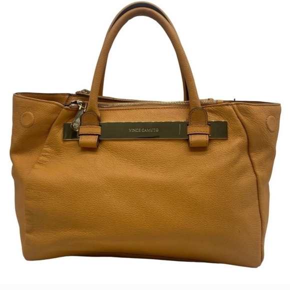Vince Camuto Handbags - Vince Camuto Mustard Yellow Pebbled Leather Satchel Bag Gold Hardware Tote